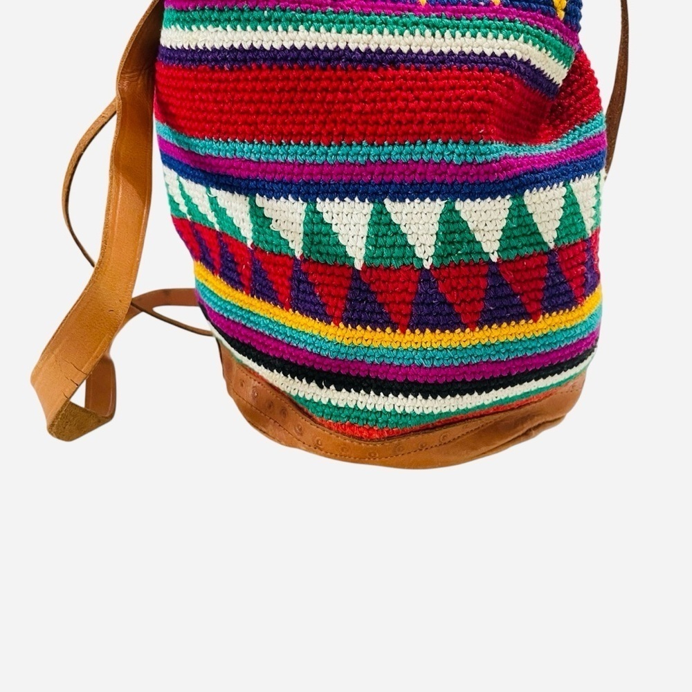 Vintage Handmade Guatemala Boho Multi Color with Leather Trim Bucket Bag - Picture 6 of 15